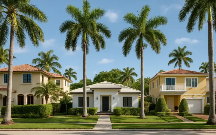 A street of homes in Miami with palm trees and sunny weather