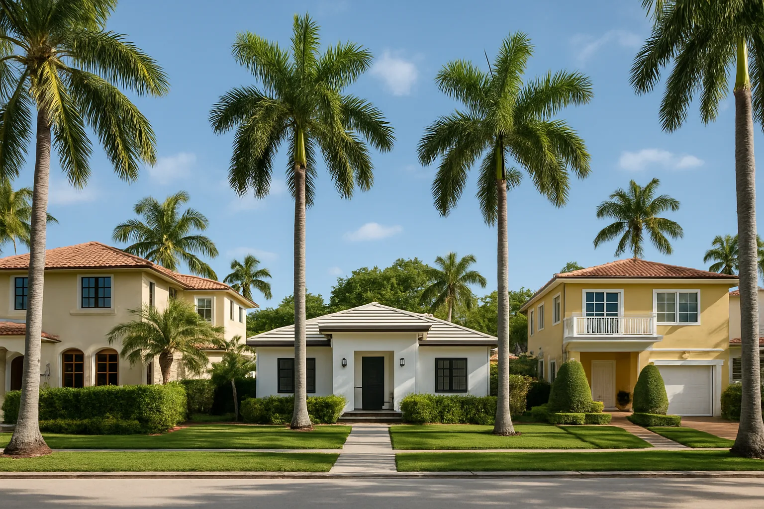 A street of homes in Miami with palm trees and sunny weather